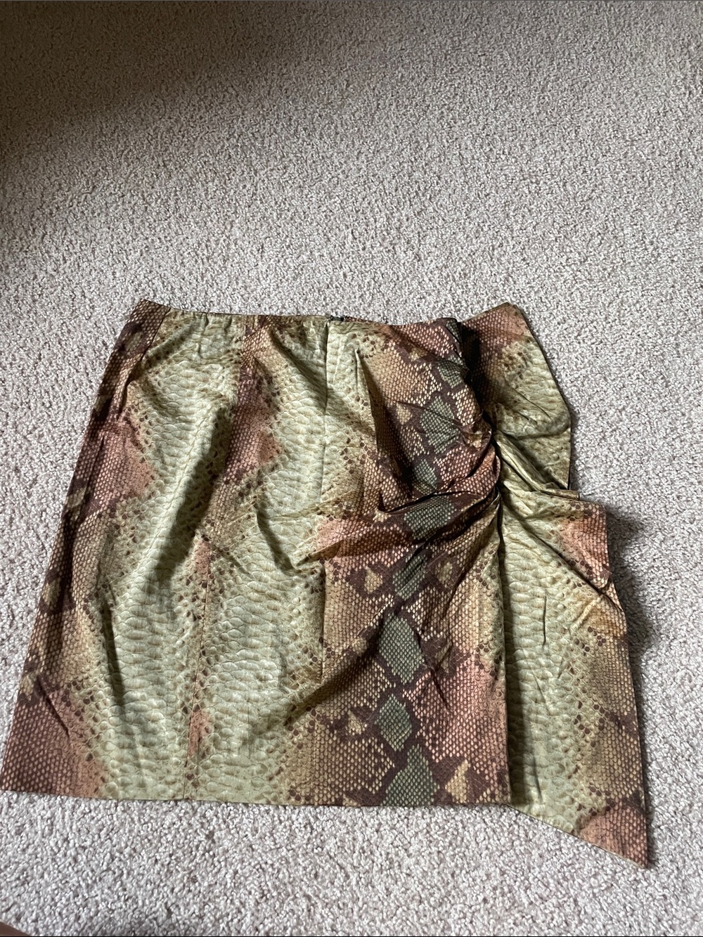 Anne Klein Olive and Brown Snake-Print Side-Ruffle Skirt